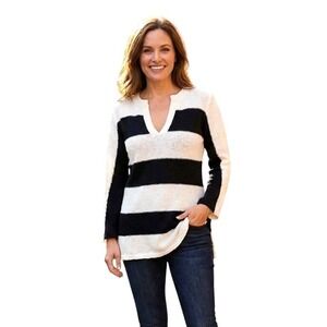Heweett Sweater Tunic Womens S Black Ivory Bell Sleeve Knit Striped Longline Top